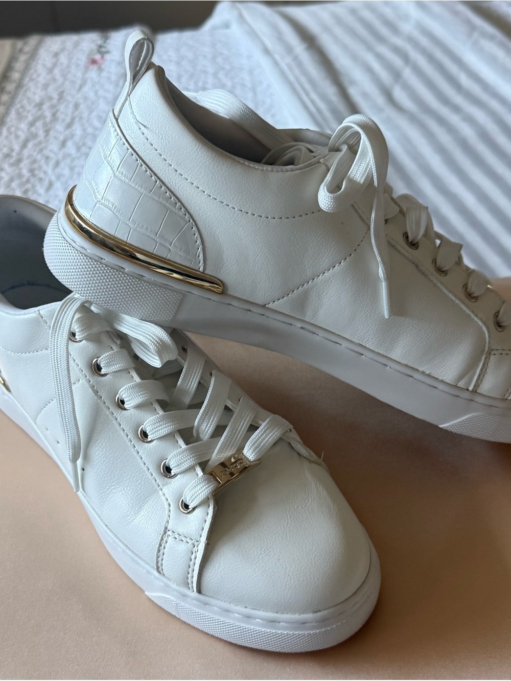 Aldo White Leather Lace-Up Sneakers with Gold Heel Trim